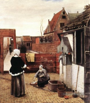 Femme et femme de chambre dans un genre Courtyard Pieter de Hooch Peinture à l'huile